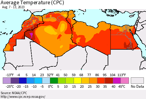 North Africa Average Temperature (CPC) Thematic Map For 8/7/2023 - 8/13/2023