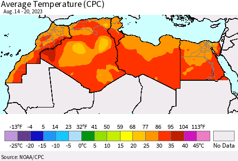 North Africa Average Temperature (CPC) Thematic Map For 8/14/2023 - 8/20/2023