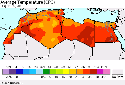 North Africa Average Temperature (CPC) Thematic Map For 8/21/2023 - 8/27/2023