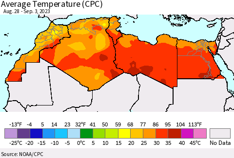 North Africa Average Temperature (CPC) Thematic Map For 8/28/2023 - 9/3/2023