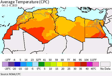 North Africa Average Temperature (CPC) Thematic Map For 10/2/2023 - 10/8/2023