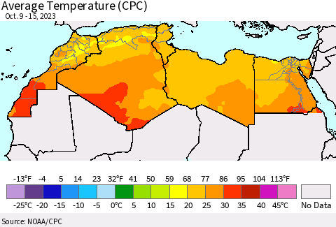 North Africa Average Temperature (CPC) Thematic Map For 10/9/2023 - 10/15/2023