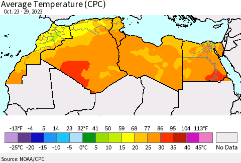 North Africa Average Temperature (CPC) Thematic Map For 10/23/2023 - 10/29/2023