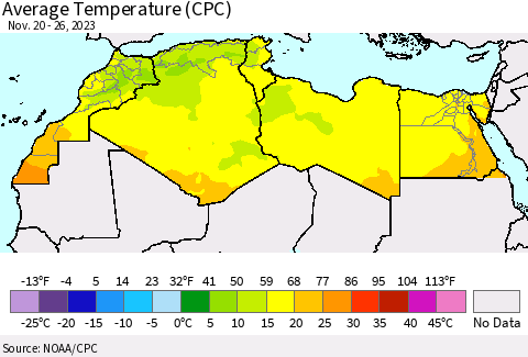 North Africa Average Temperature (CPC) Thematic Map For 11/20/2023 - 11/26/2023