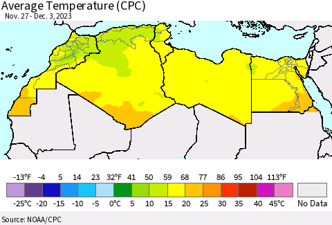 North Africa Average Temperature (CPC) Thematic Map For 11/27/2023 - 12/3/2023