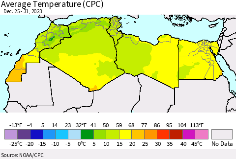North Africa Average Temperature (CPC) Thematic Map For 12/25/2023 - 12/31/2023