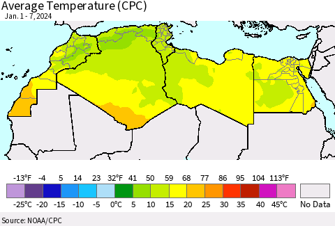 North Africa Average Temperature (CPC) Thematic Map For 1/1/2024 - 1/7/2024