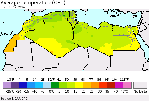 North Africa Average Temperature (CPC) Thematic Map For 1/8/2024 - 1/14/2024