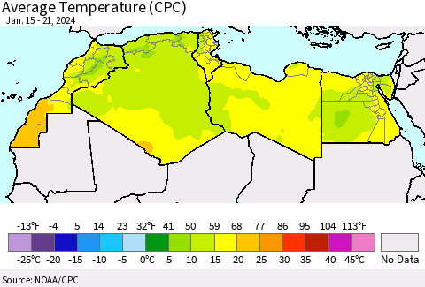 North Africa Average Temperature (CPC) Thematic Map For 1/15/2024 - 1/21/2024