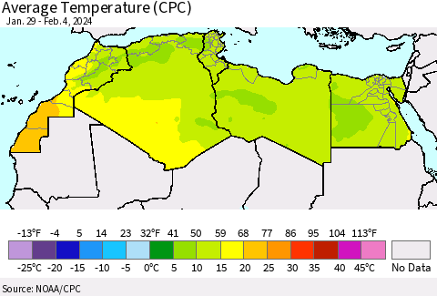 North Africa Average Temperature (CPC) Thematic Map For 1/29/2024 - 2/4/2024