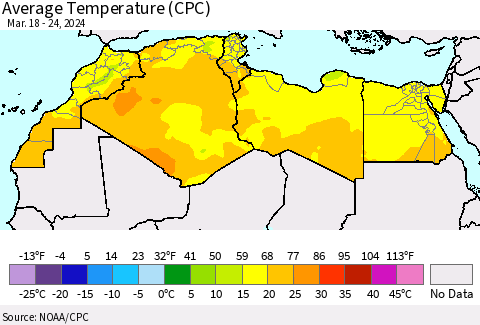 North Africa Average Temperature (CPC) Thematic Map For 3/18/2024 - 3/24/2024