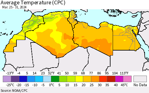 North Africa Average Temperature (CPC) Thematic Map For 3/25/2024 - 3/31/2024
