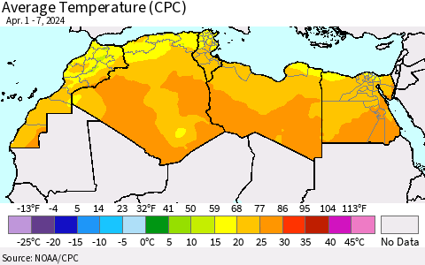North Africa Average Temperature (CPC) Thematic Map For 4/1/2024 - 4/7/2024