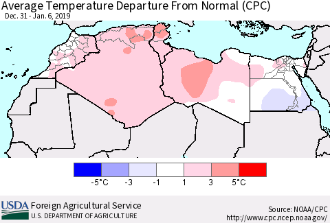 North Africa Average Temperature Departure from Normal (CPC) Thematic Map For 12/31/2018 - 1/6/2019