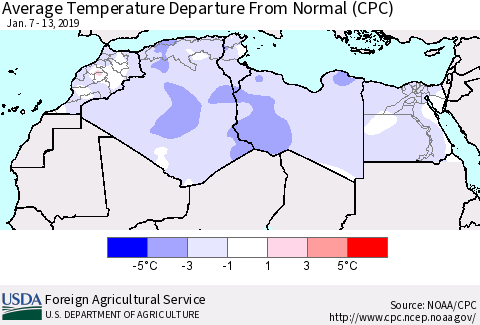 North Africa Average Temperature Departure from Normal (CPC) Thematic Map For 1/7/2019 - 1/13/2019