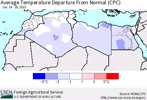 North Africa Average Temperature Departure from Normal (CPC) Thematic Map For 1/14/2019 - 1/20/2019