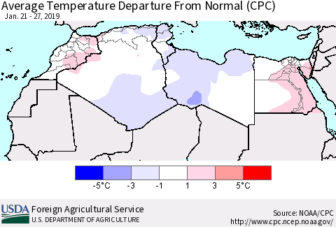 North Africa Average Temperature Departure from Normal (CPC) Thematic Map For 1/21/2019 - 1/27/2019