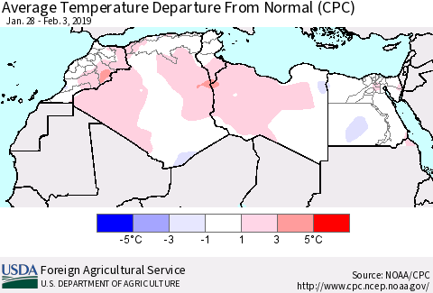 North Africa Average Temperature Departure from Normal (CPC) Thematic Map For 1/28/2019 - 2/3/2019