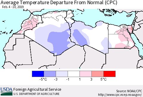 North Africa Average Temperature Departure from Normal (CPC) Thematic Map For 2/4/2019 - 2/10/2019