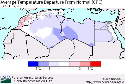 North Africa Average Temperature Departure from Normal (CPC) Thematic Map For 2/11/2019 - 2/17/2019