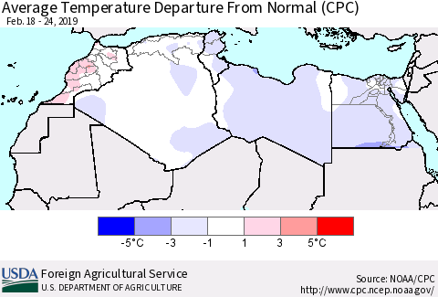North Africa Average Temperature Departure from Normal (CPC) Thematic Map For 2/18/2019 - 2/24/2019