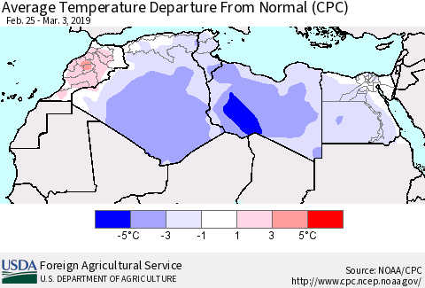 North Africa Average Temperature Departure from Normal (CPC) Thematic Map For 2/25/2019 - 3/3/2019