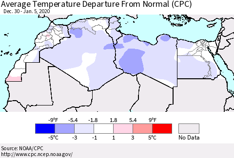 North Africa Average Temperature Departure from Normal (CPC) Thematic Map For 12/30/2019 - 1/5/2020