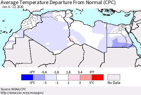 North Africa Average Temperature Departure from Normal (CPC) Thematic Map For 1/6/2020 - 1/12/2020