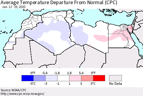 North Africa Average Temperature Departure from Normal (CPC) Thematic Map For 1/13/2020 - 1/19/2020