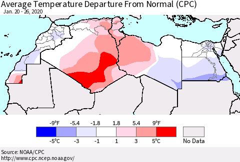 North Africa Average Temperature Departure from Normal (CPC) Thematic Map For 1/20/2020 - 1/26/2020