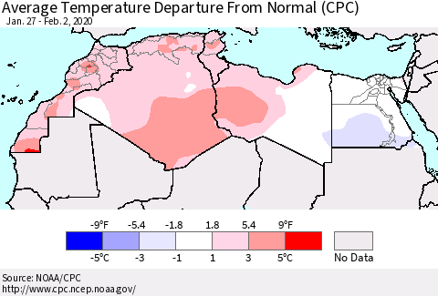 North Africa Average Temperature Departure from Normal (CPC) Thematic Map For 1/27/2020 - 2/2/2020