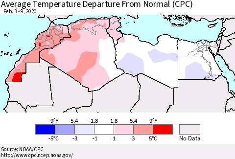 North Africa Average Temperature Departure from Normal (CPC) Thematic Map For 2/3/2020 - 2/9/2020