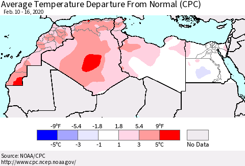 North Africa Average Temperature Departure from Normal (CPC) Thematic Map For 2/10/2020 - 2/16/2020