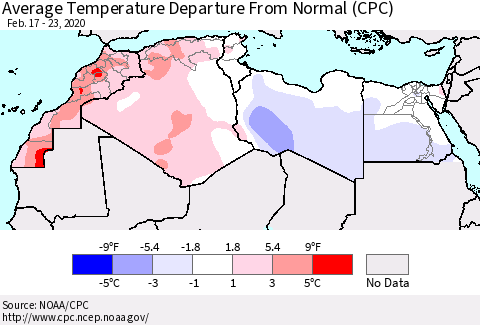 North Africa Average Temperature Departure from Normal (CPC) Thematic Map For 2/17/2020 - 2/23/2020