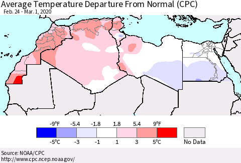 North Africa Average Temperature Departure from Normal (CPC) Thematic Map For 2/24/2020 - 3/1/2020