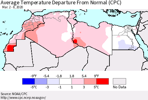 North Africa Average Temperature Departure from Normal (CPC) Thematic Map For 3/2/2020 - 3/8/2020