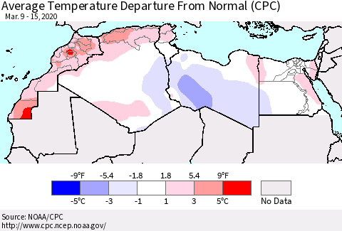 North Africa Average Temperature Departure from Normal (CPC) Thematic Map For 3/9/2020 - 3/15/2020