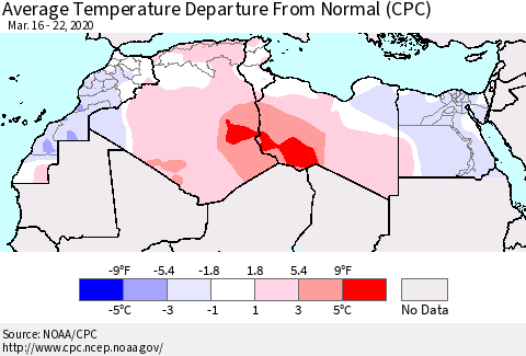 North Africa Average Temperature Departure from Normal (CPC) Thematic Map For 3/16/2020 - 3/22/2020