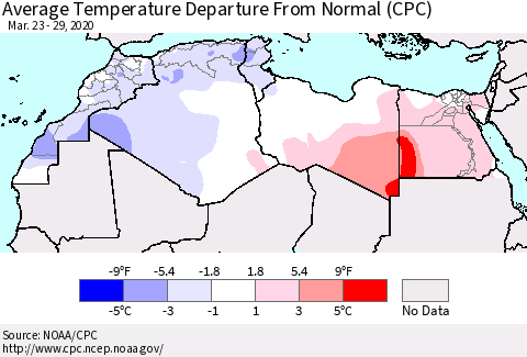 North Africa Average Temperature Departure from Normal (CPC) Thematic Map For 3/23/2020 - 3/29/2020