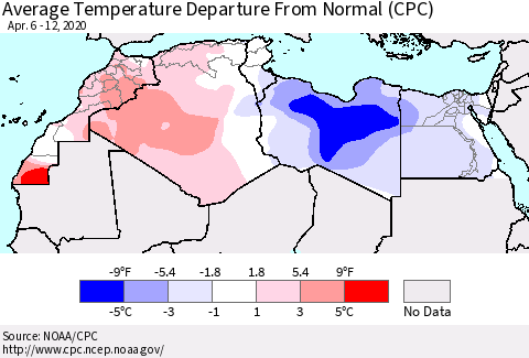 North Africa Average Temperature Departure from Normal (CPC) Thematic Map For 4/6/2020 - 4/12/2020