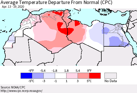 North Africa Average Temperature Departure from Normal (CPC) Thematic Map For 4/13/2020 - 4/19/2020