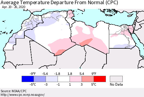 North Africa Average Temperature Departure from Normal (CPC) Thematic Map For 4/20/2020 - 4/26/2020