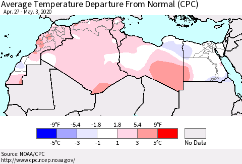 North Africa Average Temperature Departure from Normal (CPC) Thematic Map For 4/27/2020 - 5/3/2020