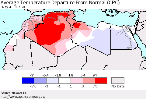 North Africa Average Temperature Departure from Normal (CPC) Thematic Map For 5/4/2020 - 5/10/2020