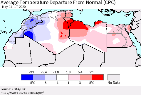 North Africa Average Temperature Departure from Normal (CPC) Thematic Map For 5/11/2020 - 5/17/2020