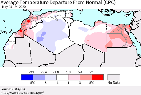 North Africa Average Temperature Departure from Normal (CPC) Thematic Map For 5/18/2020 - 5/24/2020