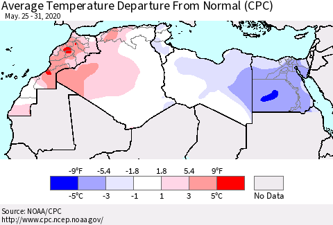 North Africa Average Temperature Departure from Normal (CPC) Thematic Map For 5/25/2020 - 5/31/2020