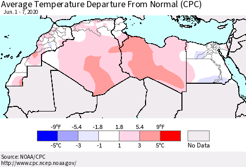 North Africa Average Temperature Departure from Normal (CPC) Thematic Map For 6/1/2020 - 6/7/2020