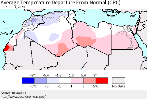 North Africa Average Temperature Departure from Normal (CPC) Thematic Map For 6/8/2020 - 6/14/2020