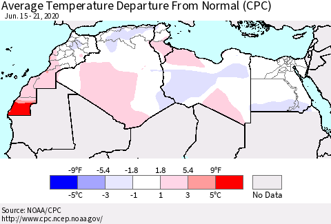 North Africa Average Temperature Departure from Normal (CPC) Thematic Map For 6/15/2020 - 6/21/2020